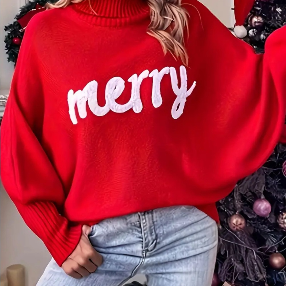 Red Turtleneck Sweater with 'Merry' Design - Picture 3 of 4